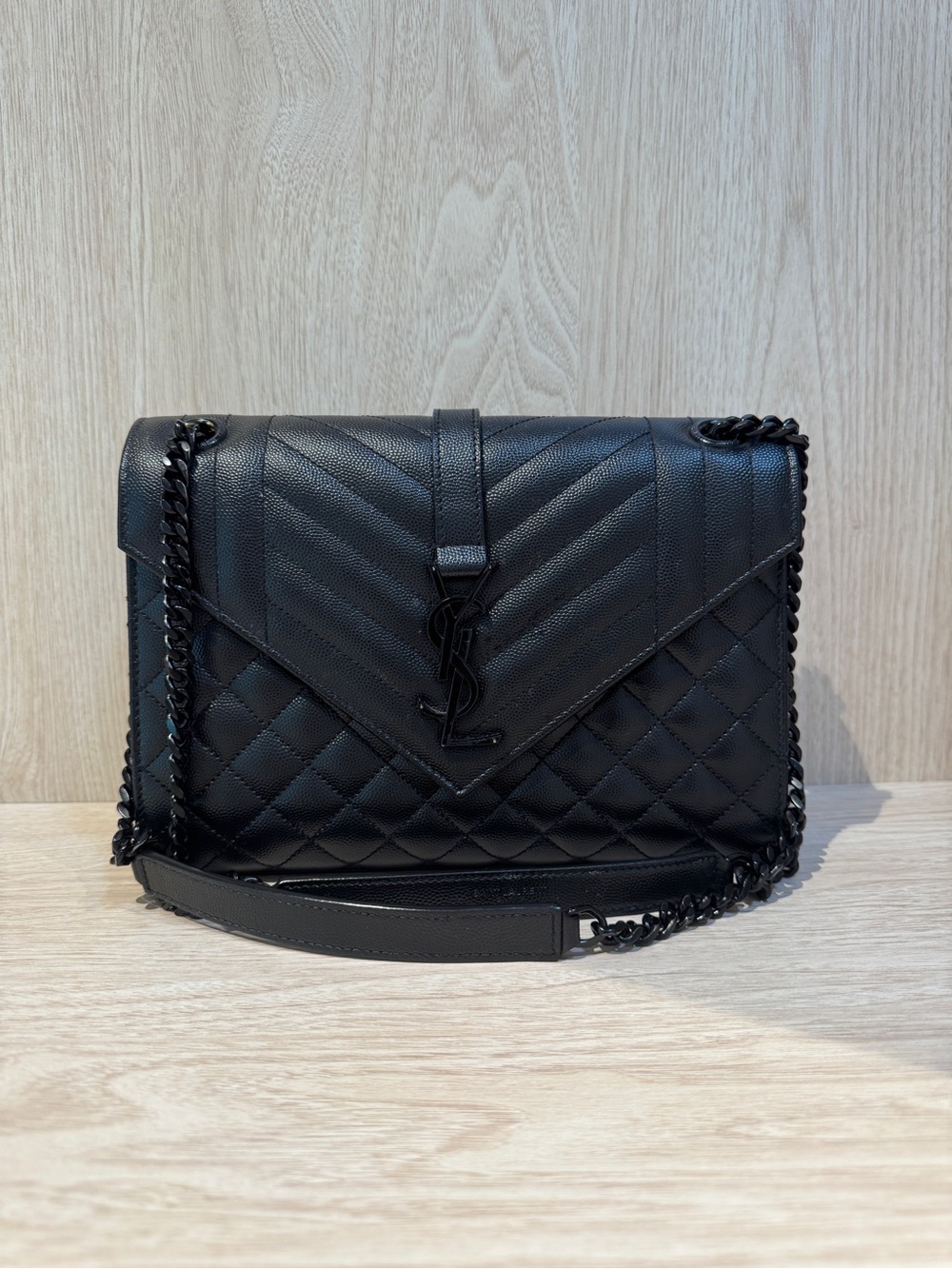 Saint Laurent Black Quilted Envelope Shoulder Bag with Chain Strap